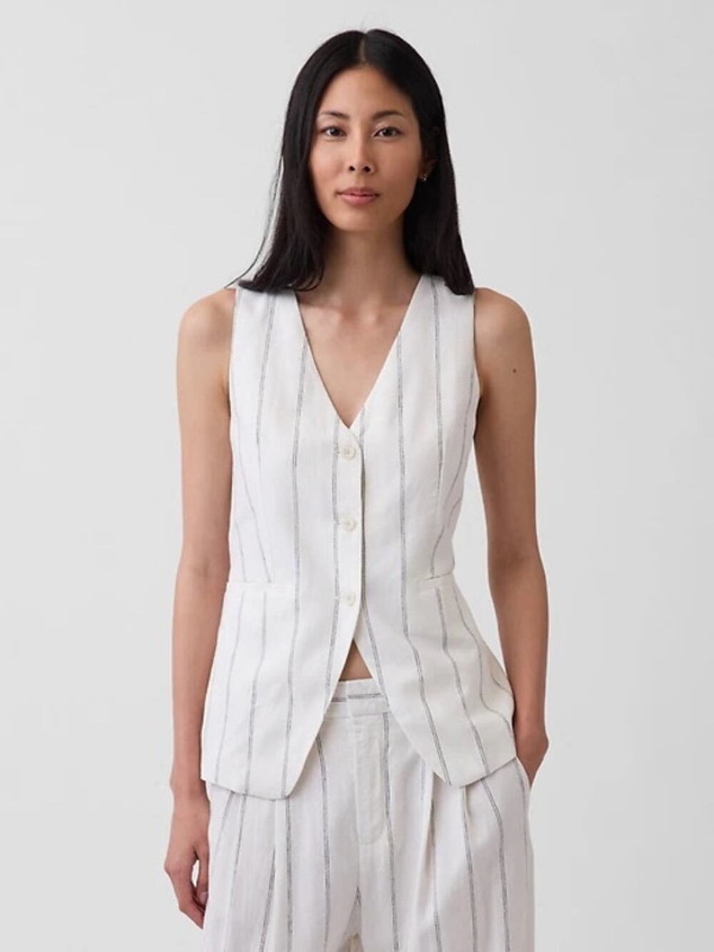 Gap Women's Linen-Blend Sleeveless Longline Vest White Neutral Stripe Size S